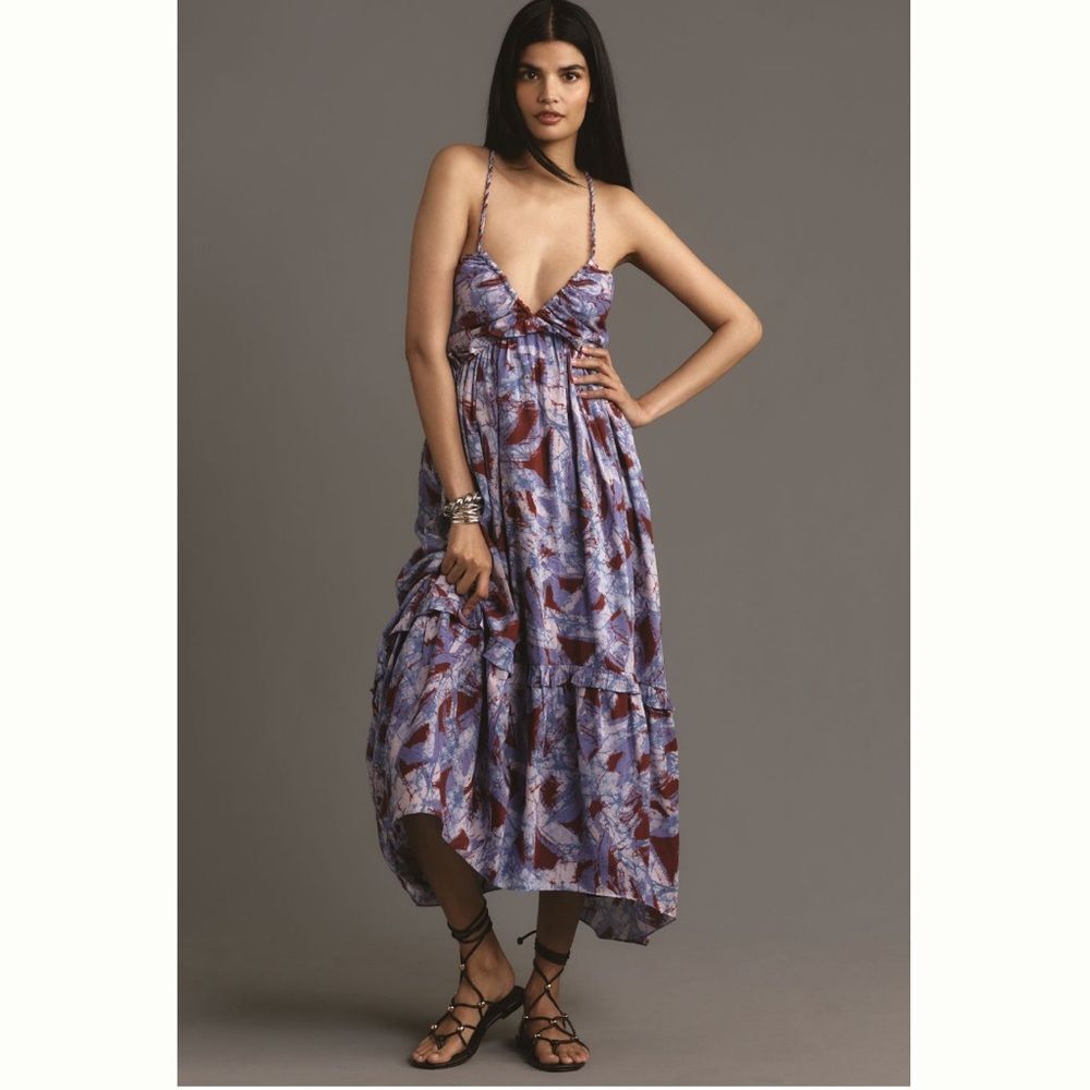 Anthropologie Purple and Brown Printed Maxi Dress